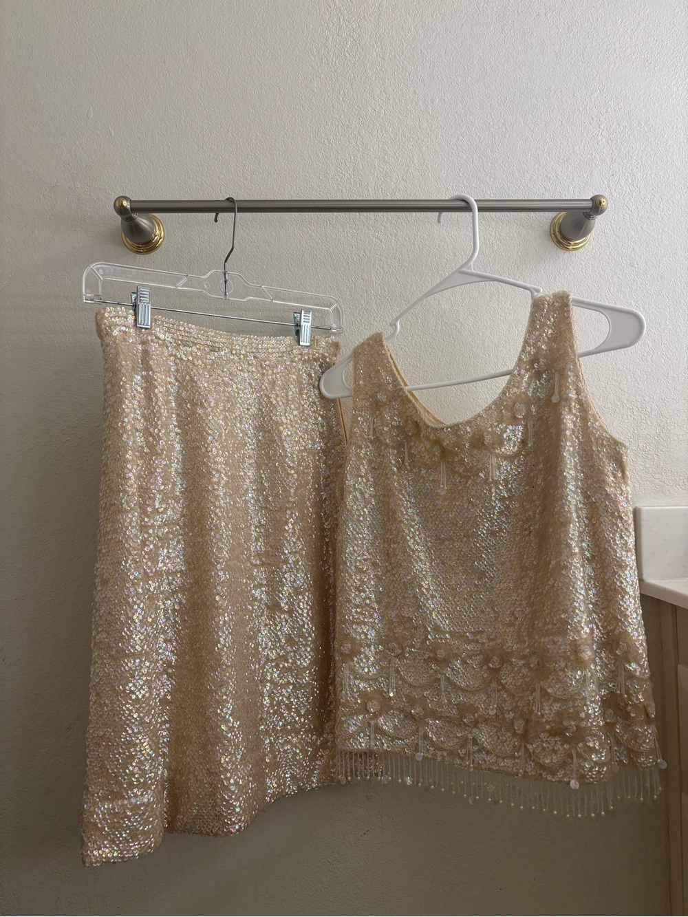 Vintage Oulon & Co Hong Kong Iridescent Sequin Beaded Top & Skirt Set